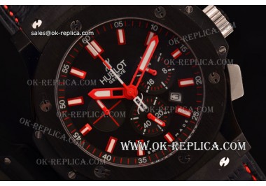 Hublot Big Bang Red Magic Swiss Quartz PVD Case with Black Dial and Black Leather Strap - Stick Markers