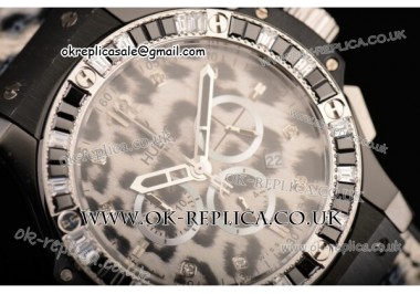 Hublot Big Bang Snow Leopard Chrono Miyota OS20 Quartz PVD Case with Diamond Bezel Stick/Numeral Markers and Leopard-print Leather Strap