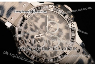 Hublot Big Bang Snow Leopard Chrono Miyota OS20 Quartz Steel Case with Leopard-print Dial Diamond Bezel and Leopard-print Leather Strap