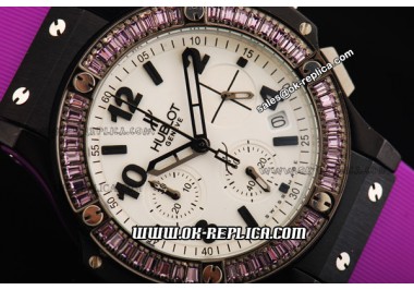 Hublot Big Bang Chronograph Swiss Quartz Movement PVD Case with Purple Diamond Bezel and Purple Rubber Strap-Lady Model