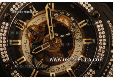 Hublot King Power Diamonds Swiss Valjoux 7750 Automatic PVD Case with Semi-Skeleton Dial and Black Rubber Strap