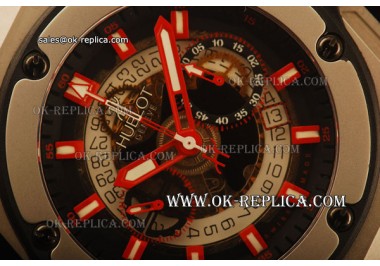 Hublot King Power Swiss Valjoux 7750 Automatic Steel Case with Semi-Skeleton Dial and Black Rubber Strap - Red Markers