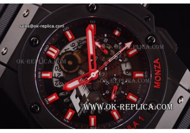 Hublot King Power F1 Swiss Valjoux 7750 Automatic PVD Case with Skeleton Dial and Black Rubber Strap - Red Stick Markers